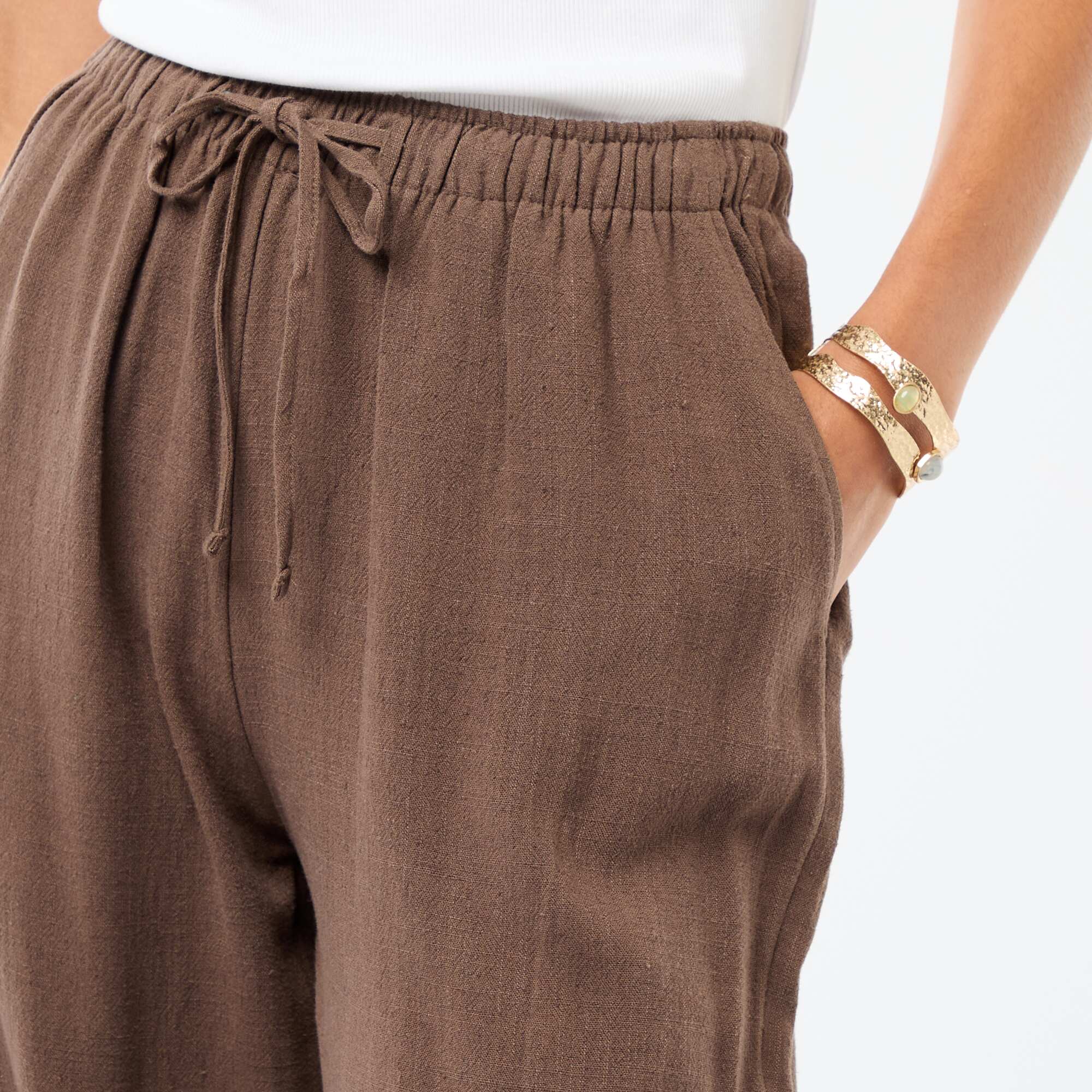Wide Leg Solid Trousers with 2 Pockets BROWN - Image 4