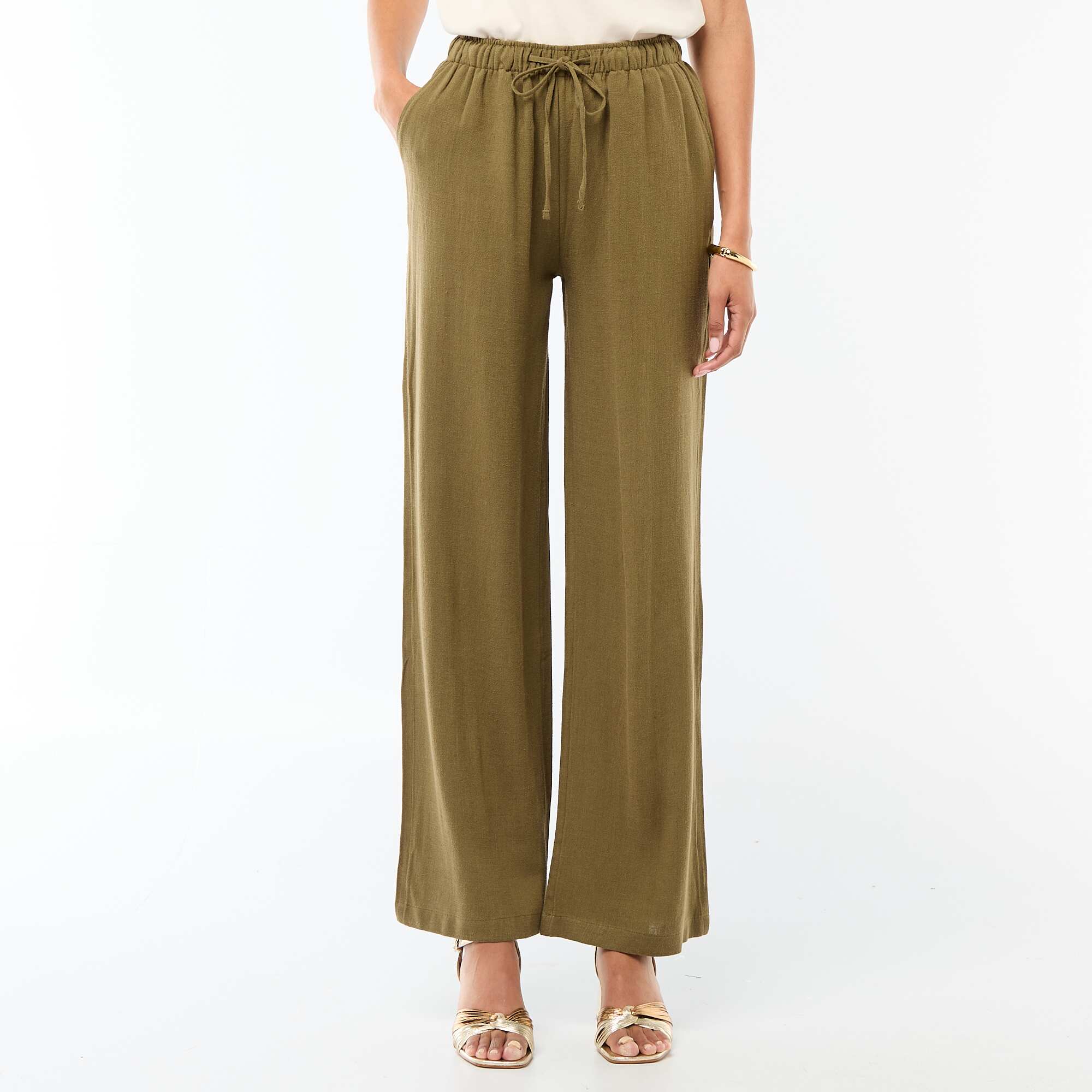 Wide Leg Solid Trousers with 2 Pockets KHAKI - Image 2