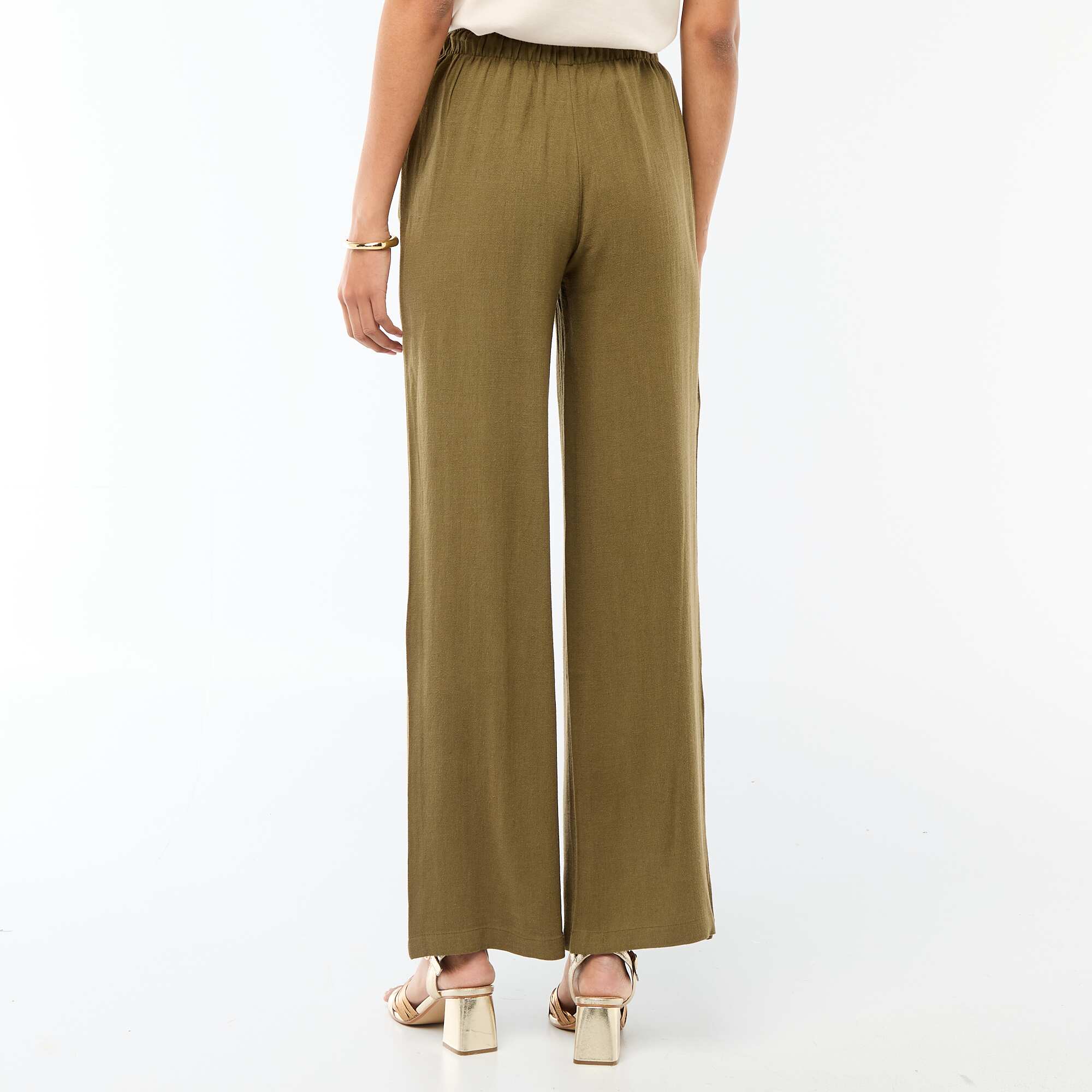 Wide Leg Solid Trousers with 2 Pockets KHAKI - Image 3