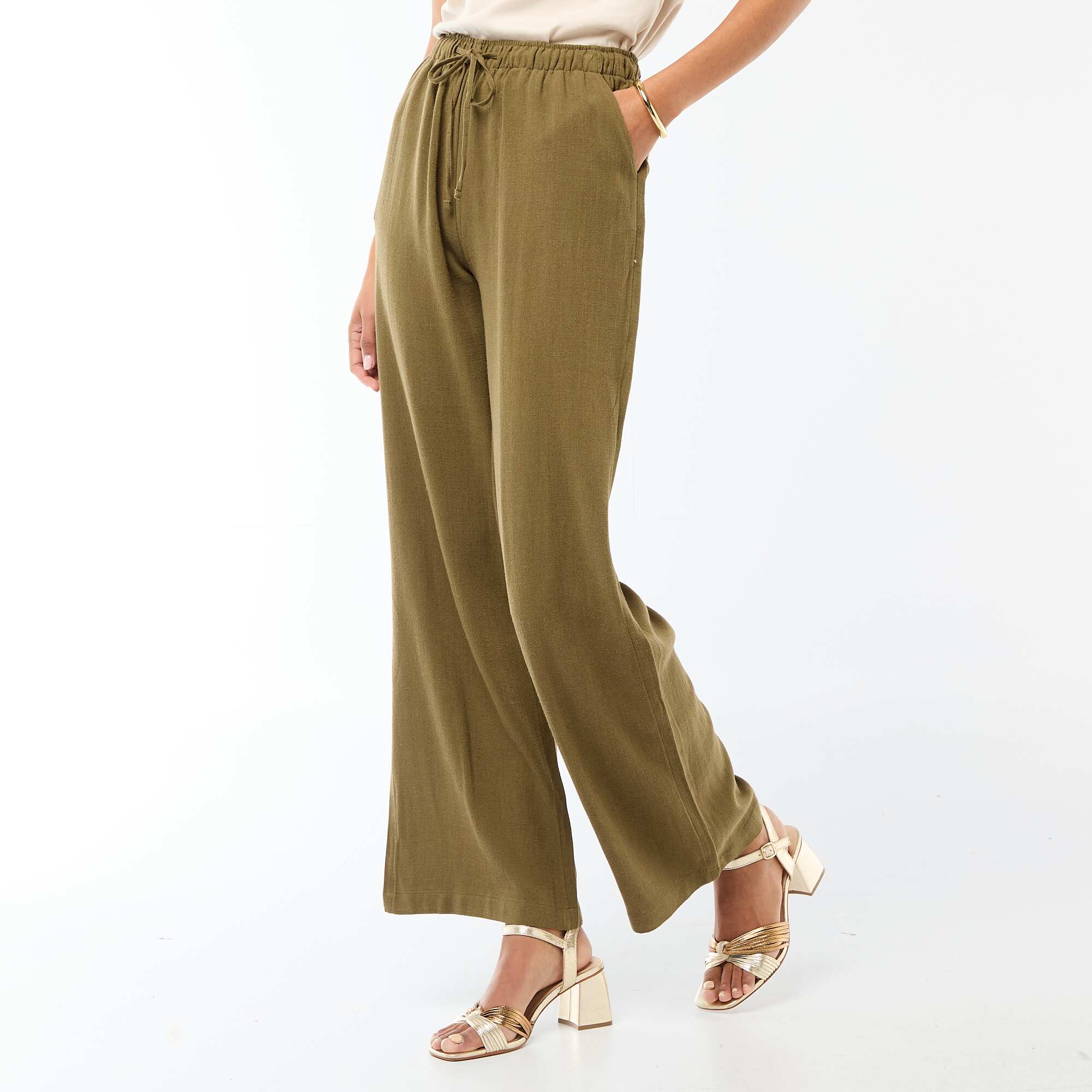 Wide Leg Solid Trousers with 2 Pockets KHAKI - Image 4
