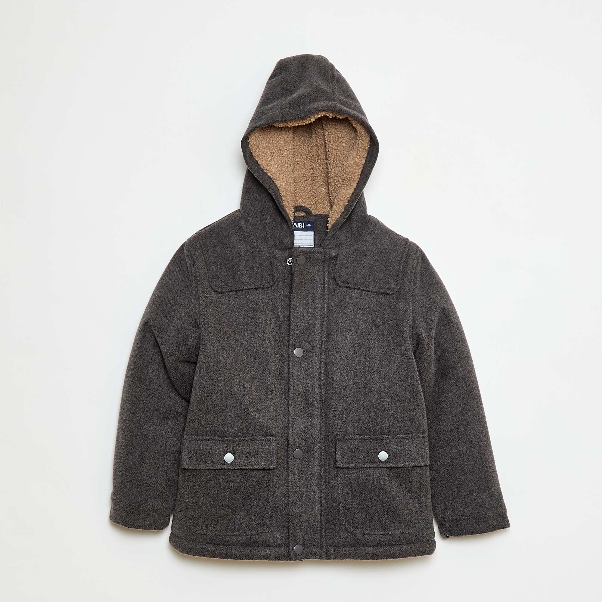 Wool-Look Hooded Coat with Warm Lining GREY