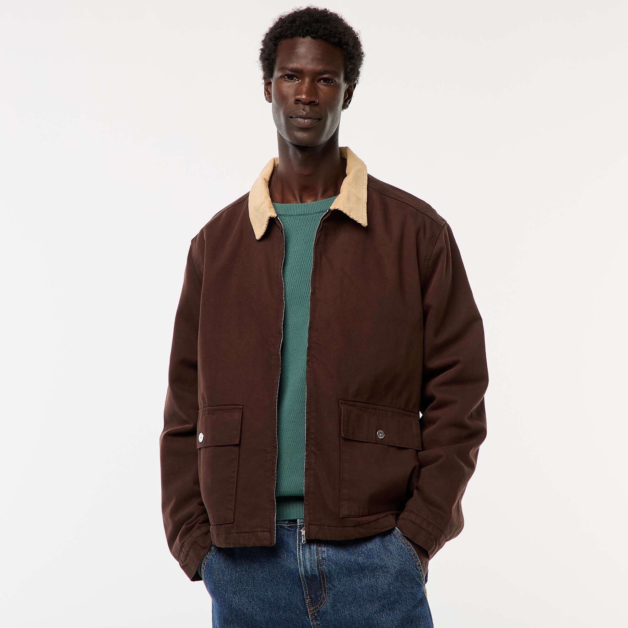 Zipped Twill Jacket with Ribbed Collar BROWN