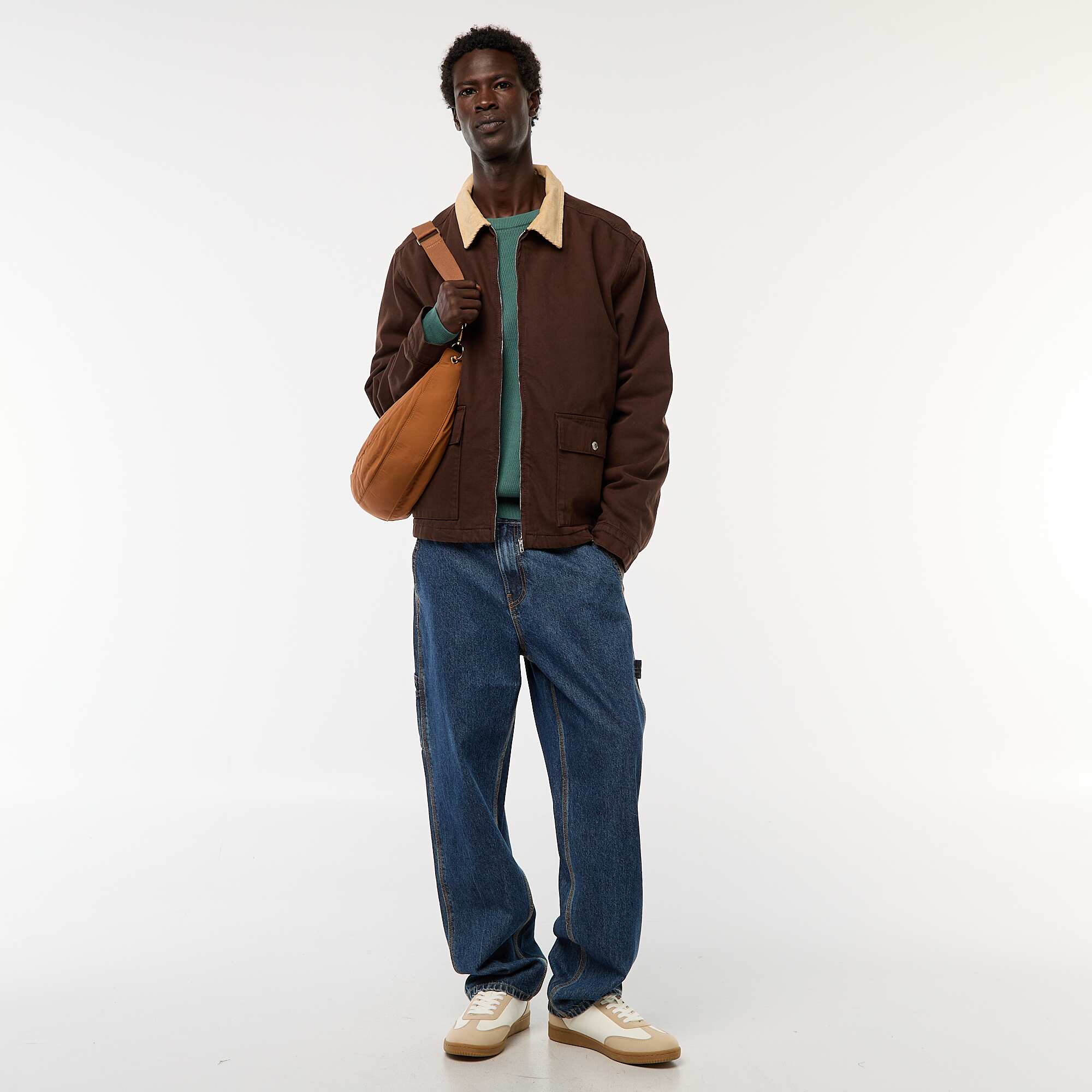 Zipped Twill Jacket with Ribbed Collar BROWN - Image 2