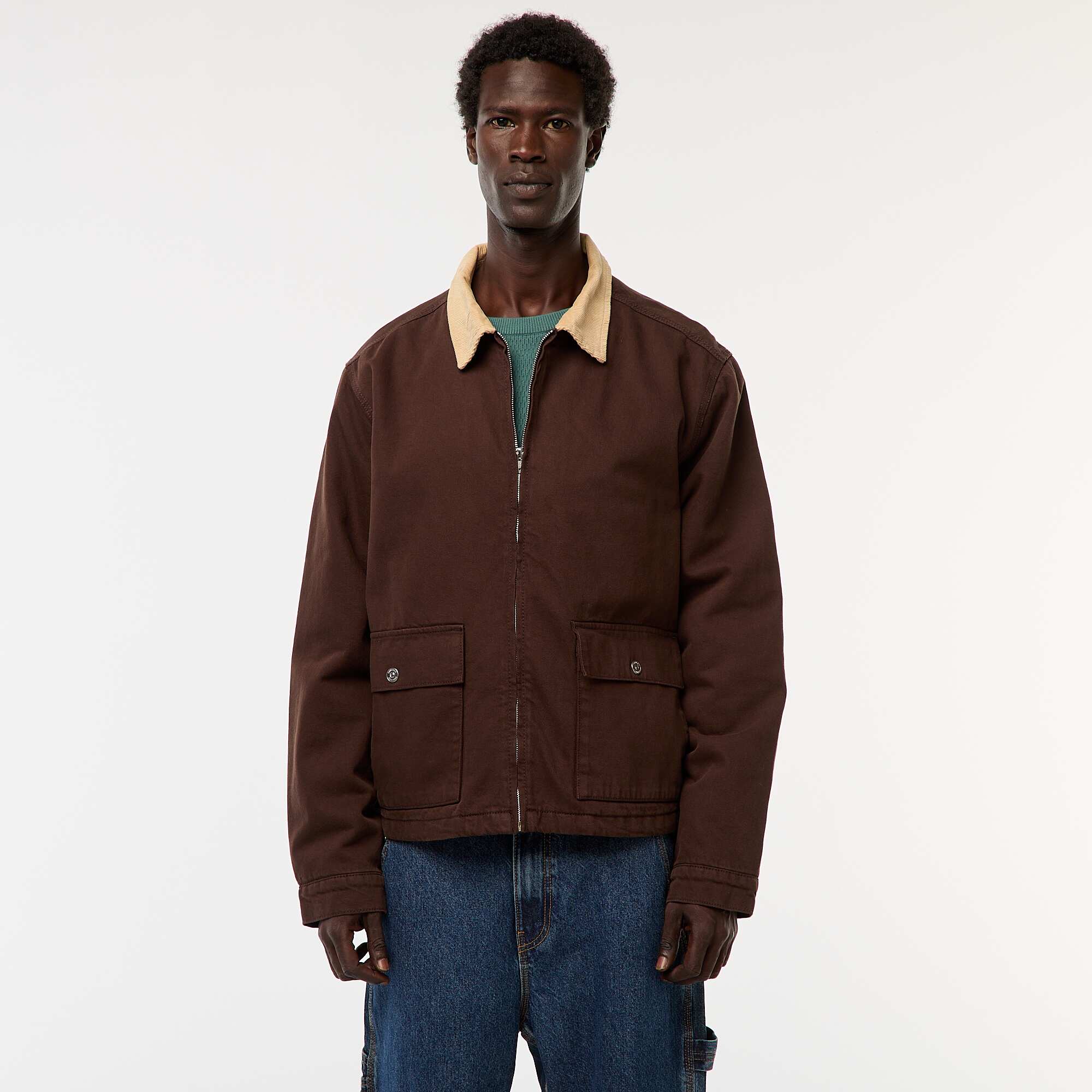 Zipped Twill Jacket with Ribbed Collar BROWN - Image 3