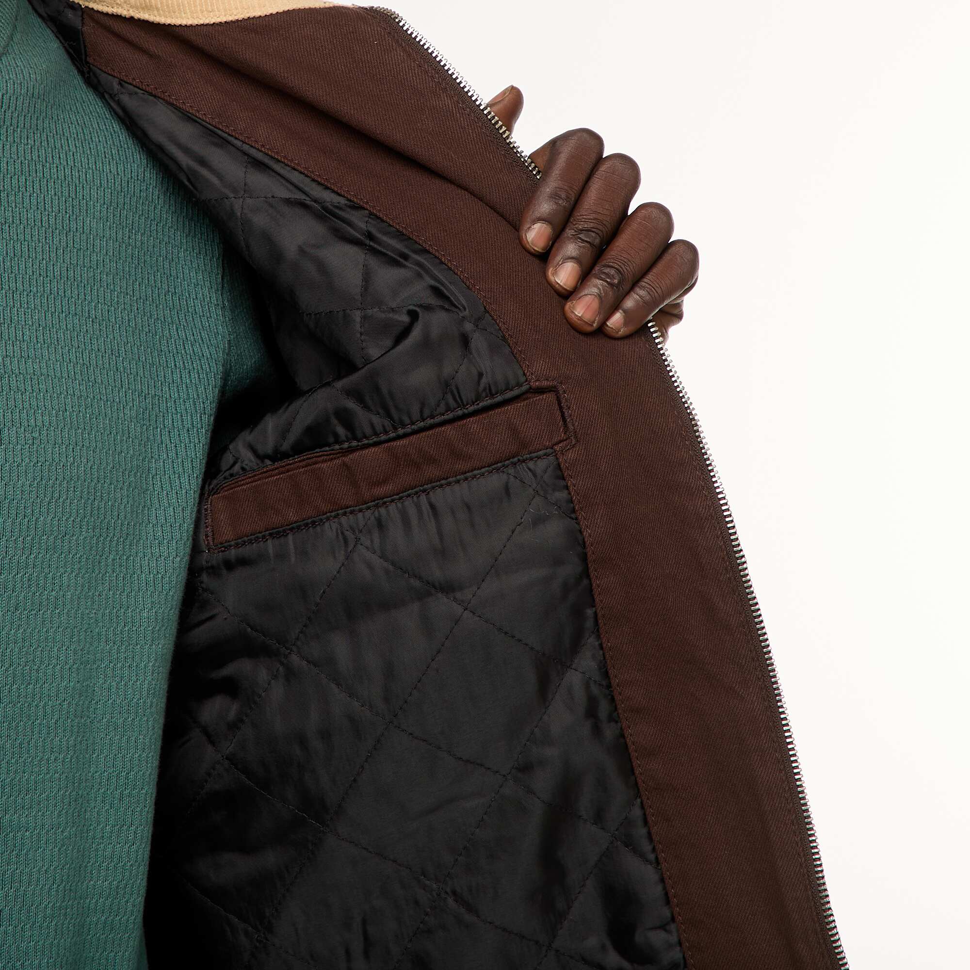 Zipped Twill Jacket with Ribbed Collar BROWN - Image 8